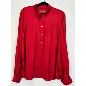 By Anthropologie Red Pleated Bishop Sleeve Blouse Band Collar Pompom Trim XL